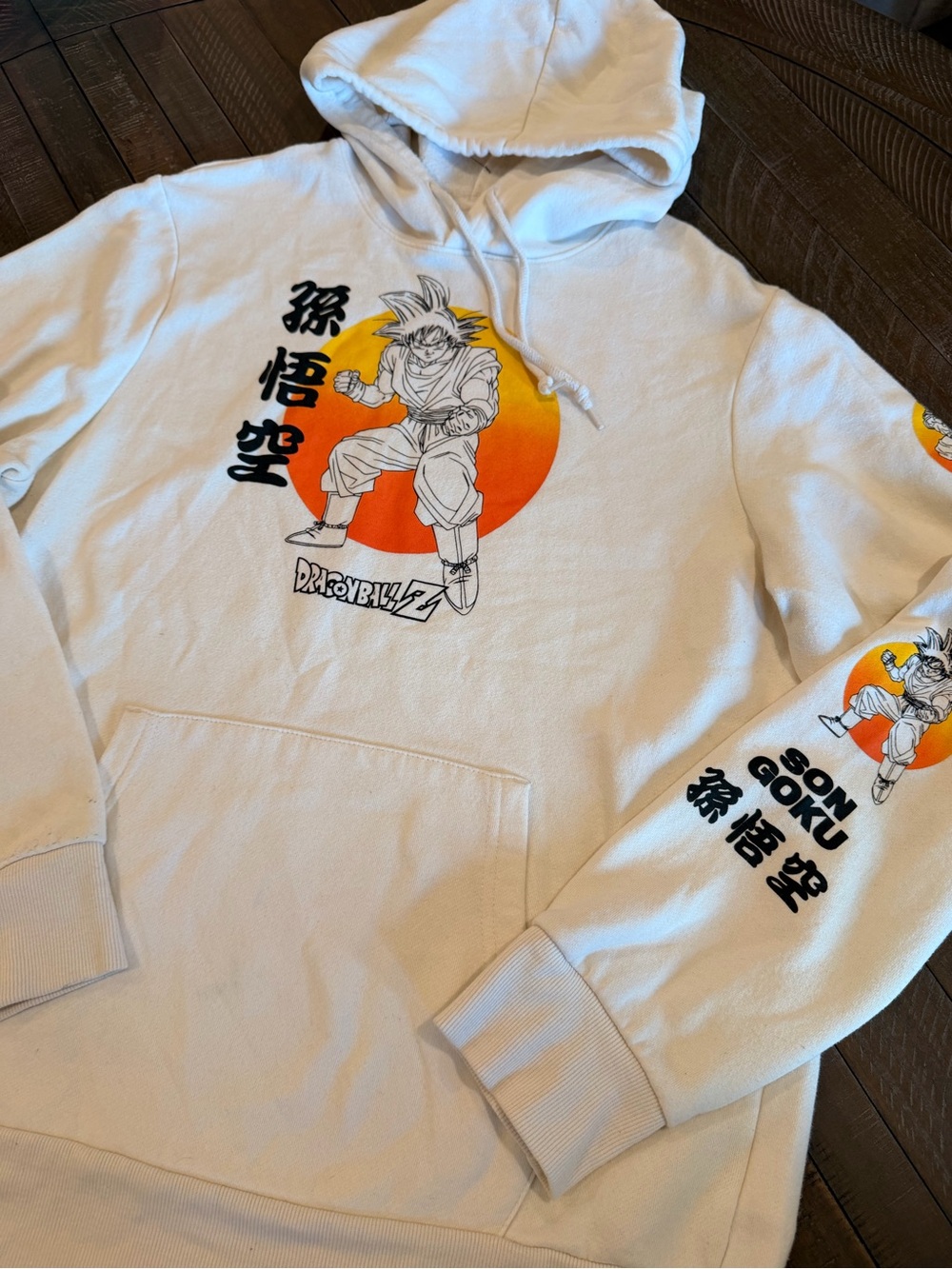 Old Navy White Dragon Ball Z Son Goku Graphic Hoodie with Orange Sun